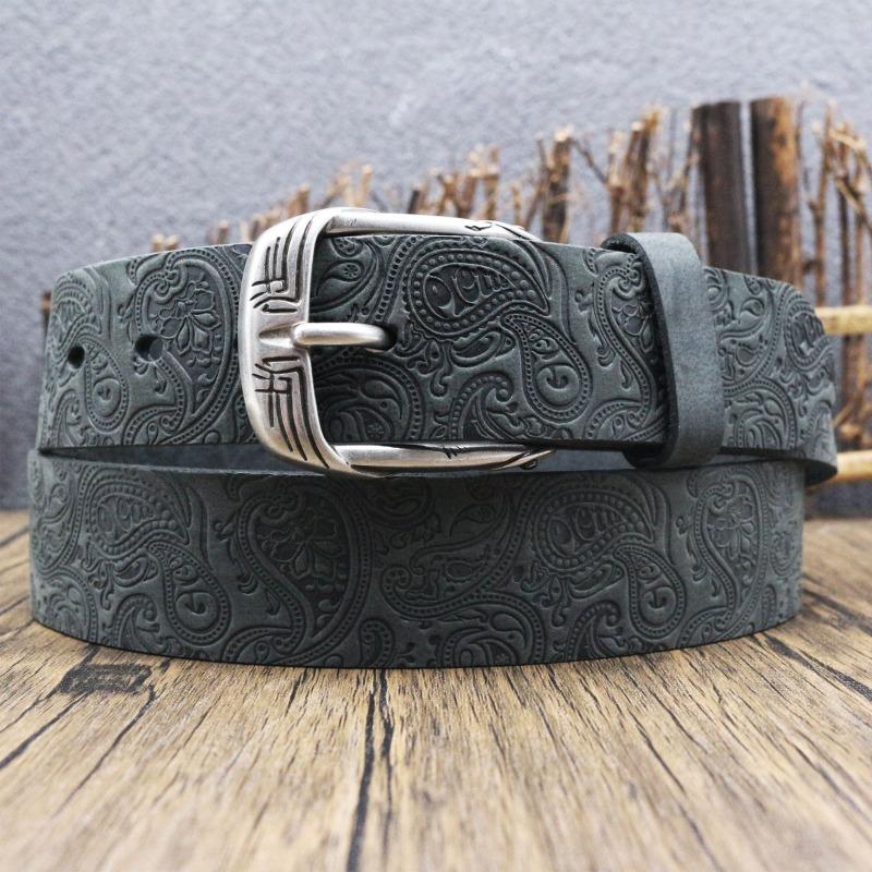 Retro woven carved Crazy Horse leather belt, men's old first-layer cowhide belt