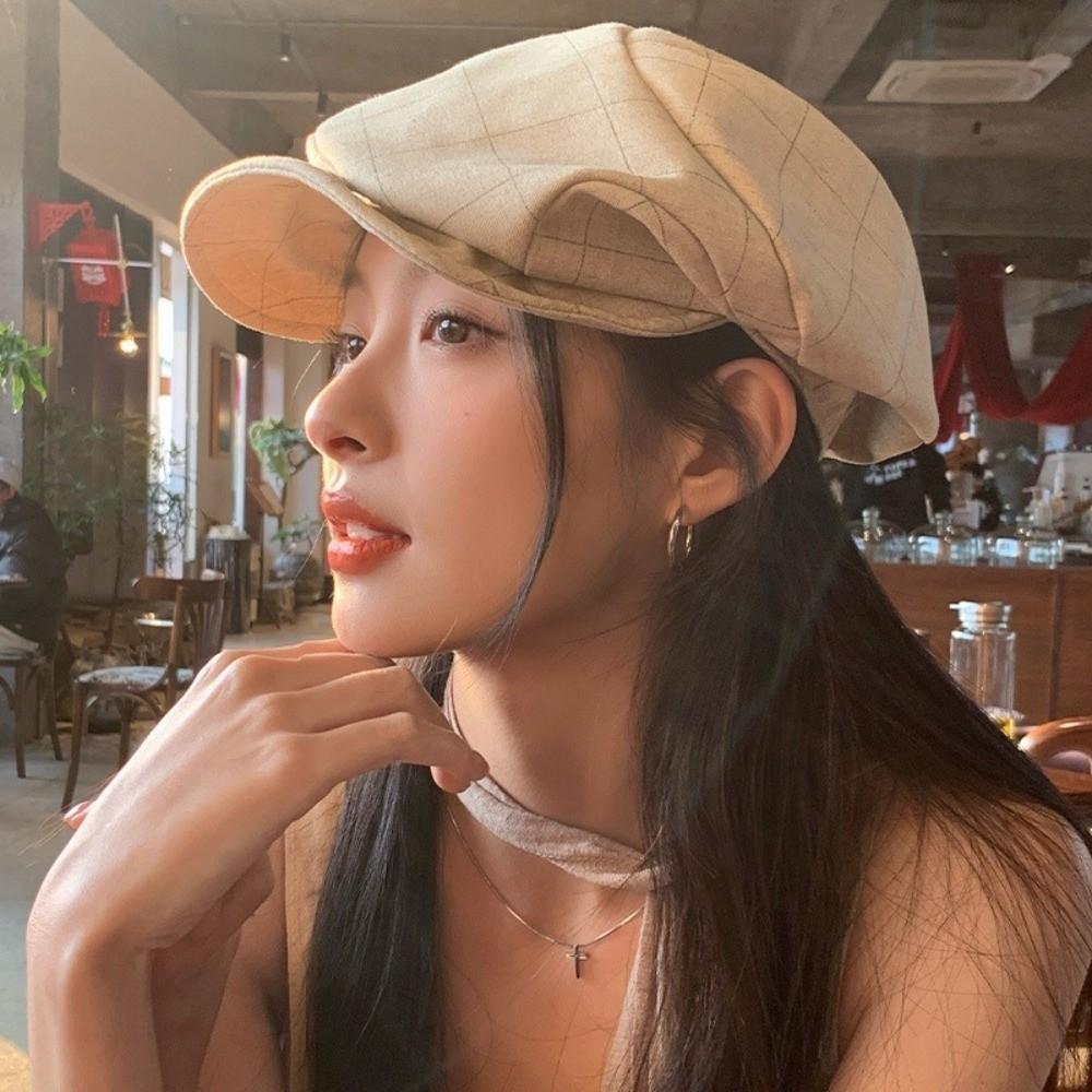 Vintage Plaid Beret Cloud Peaked Hat Retro Octagonal Cap Outdoor