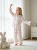 Girls' Pink And White Satin Pajama Set, Cute Pink Bow Print Open Front Collar Long Sleeve Top & Pants Winter Nighties With Fuzzy Cuff, 8Y-12Y Fall