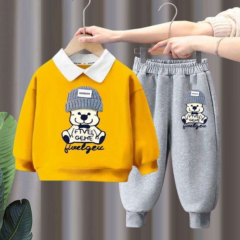 Детская одежда для мальчиков и девочек, осенний комплект из 2 предметов: свитер с длинным рукавом и брюки, спортивный костюм с отложным воротником, детский спортивный костюм с медведем