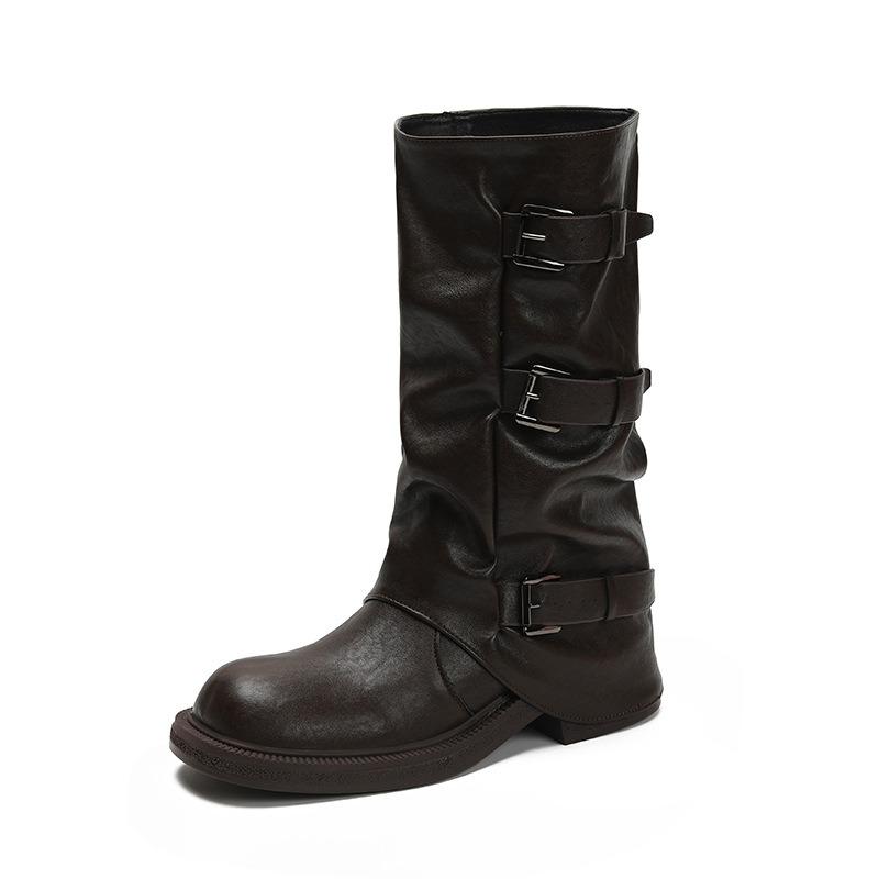 , the Leg Essence Plays the Role of Height Increase Cm Belt Buckle Square Round Head Pleated Medium Tube Knight Boots