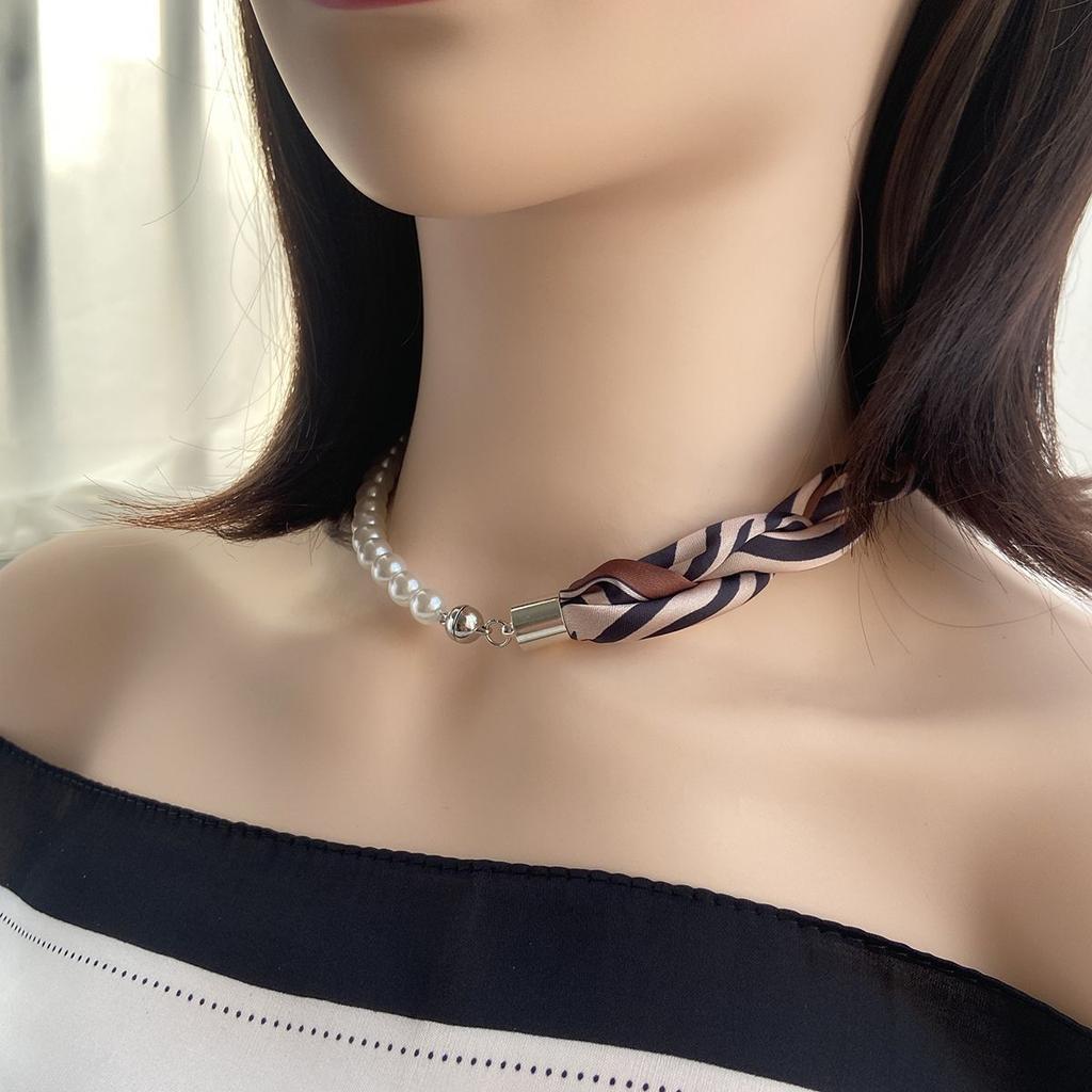 French Silk Scarf Necklace Imitation Pearl Clavicle Neck Magnetic Buckle Scarf