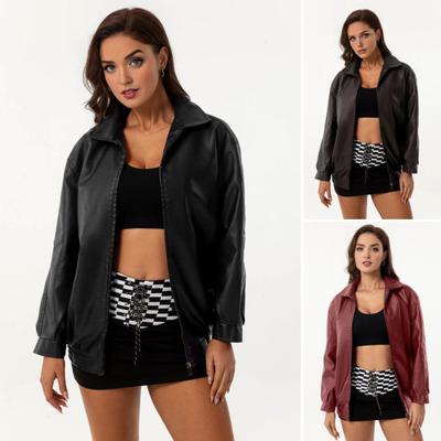 Женская зимняя куртка из искусственной кожи с длинными рукавами, на молнии, с лацканами, однотонная, с карманами, уличная одежда для мотоциклистов-бойфрендов