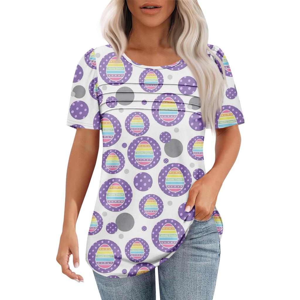 Ladies' Fashionable Printed Round Neck Pleated Short Sleeved Shirt
