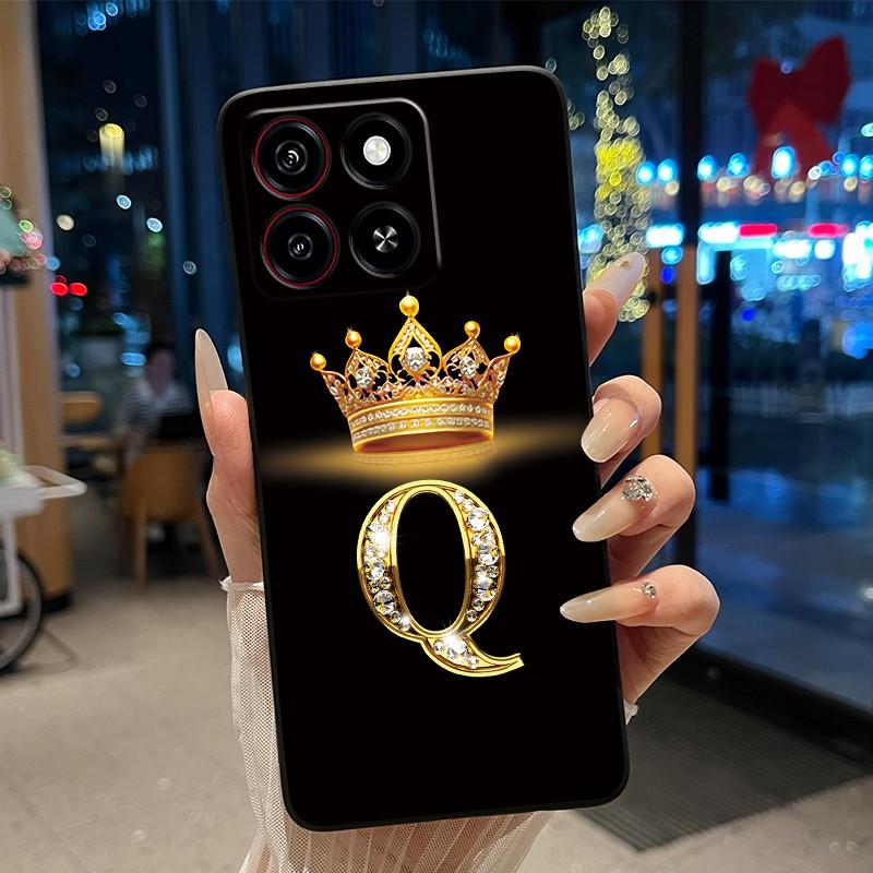 Cool Lucky A-Z Letter Phone Case For ZTE Blade A35/A55 Soft Silicone Black Case Shockproof Luxurious Glitter Crown Shell
