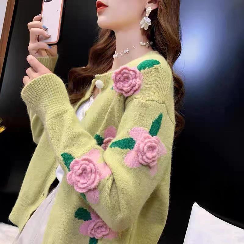 Повседневный свитер женский кардиган женский свитер свободный верхнее пальто длинный рукав цветочный круглый вырез вязаный кардиган женский