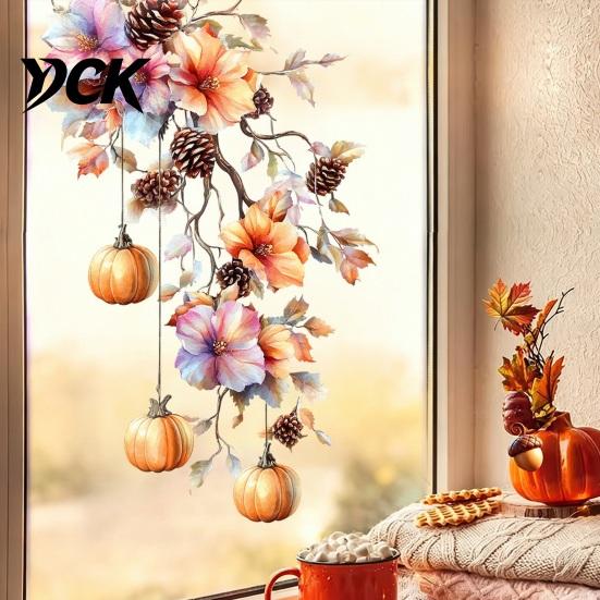 Autumn Theme Party Supplies Fall Thanksgiving Static Window Clings, Pumpkin Maple Leaf Floral Glass Decals Decals, Removable Harvest Season