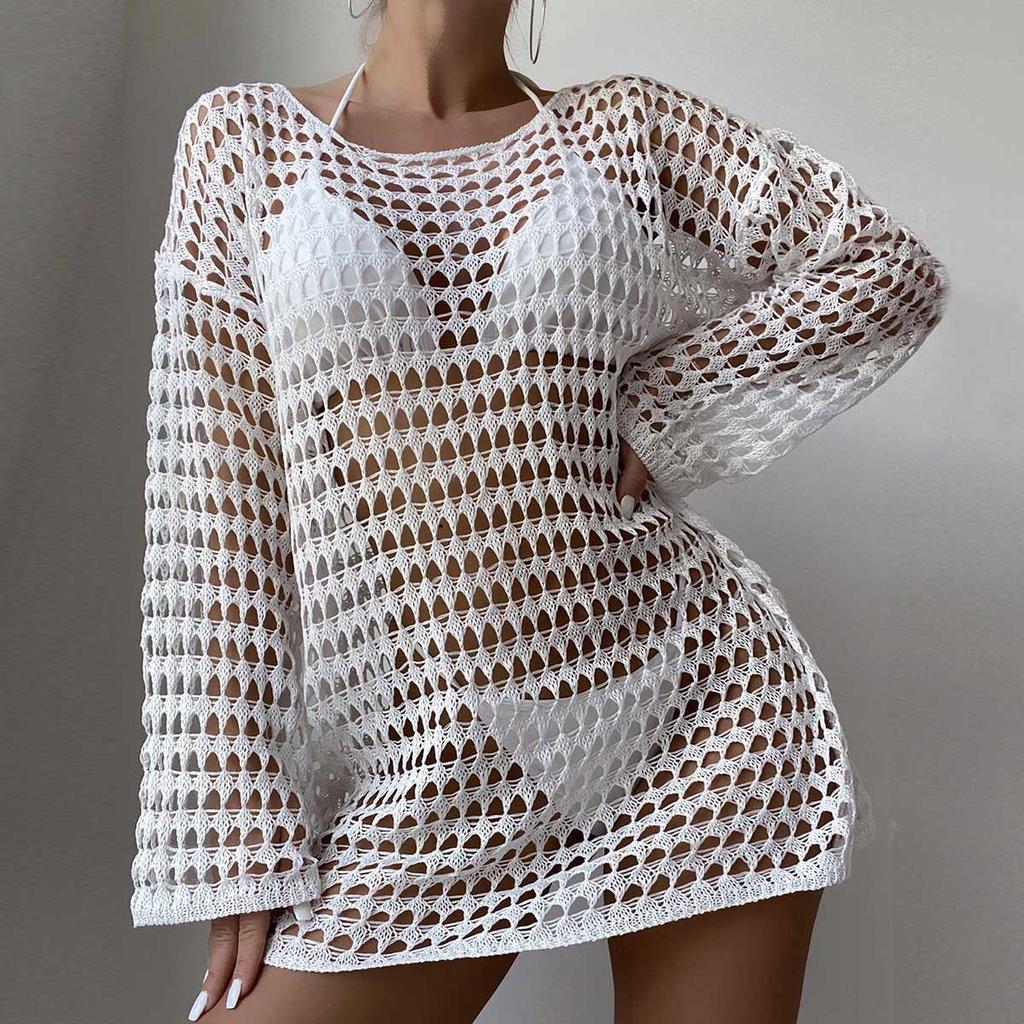 Европейско-американский сексуальный вязаный пуловер с прорезями: Женская туника с длинным рукавом и круглым вырезом для лета