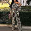 Women Autumn Off-Shoulder Long Sleeve Zebra Print Top & Pants Sets