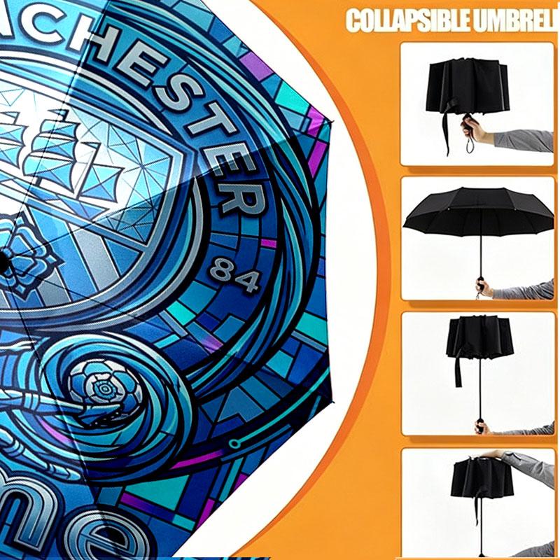 Custom Name Personalized Manchester City Print Umbrella, Auto Open Close, 8‑Rib Sturdy Frame, Commute Camping Hiking Use, Birthday Gift