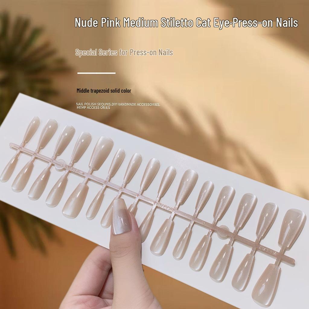 Nude Pink Medium Cat Eye Crystal Nail Patches - Versatile Wearable Fake Nails with Super Flash Finish.