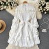 Spring Vintage Lace Hollow Out Long Lantern Sleeves Single Breasted Dress Casual Women A-LINE Autumn Dresses
