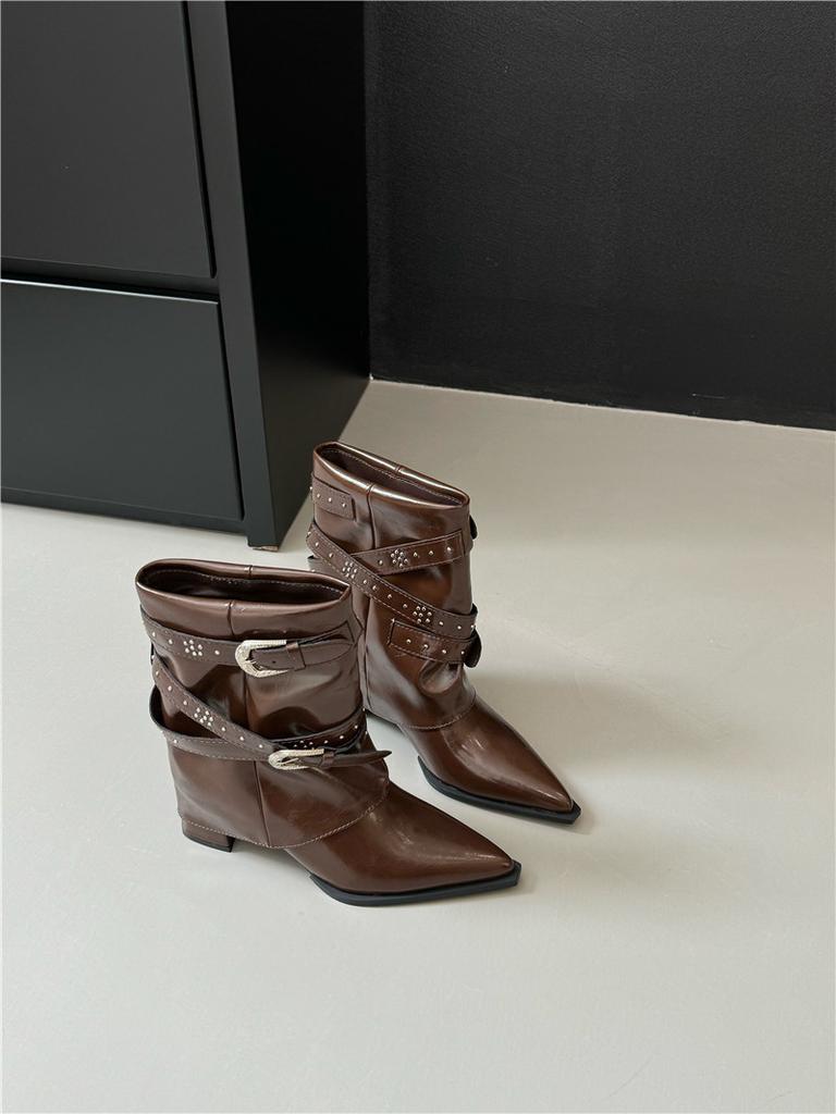 High Heel Boots Thick Heel Pointed Trouser Tube Boots Short Boots Women's 2025 Autumn and Winter New Rivet Belt Buckle Sleeve Fashion Boots Women