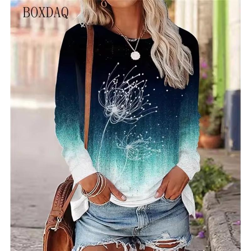 Футболки женские с рисунком одуванчика весна осень с длинным рукавом 3D Plant&Flowers Print Street Gradient женские футболки 5XL Plus Size Top