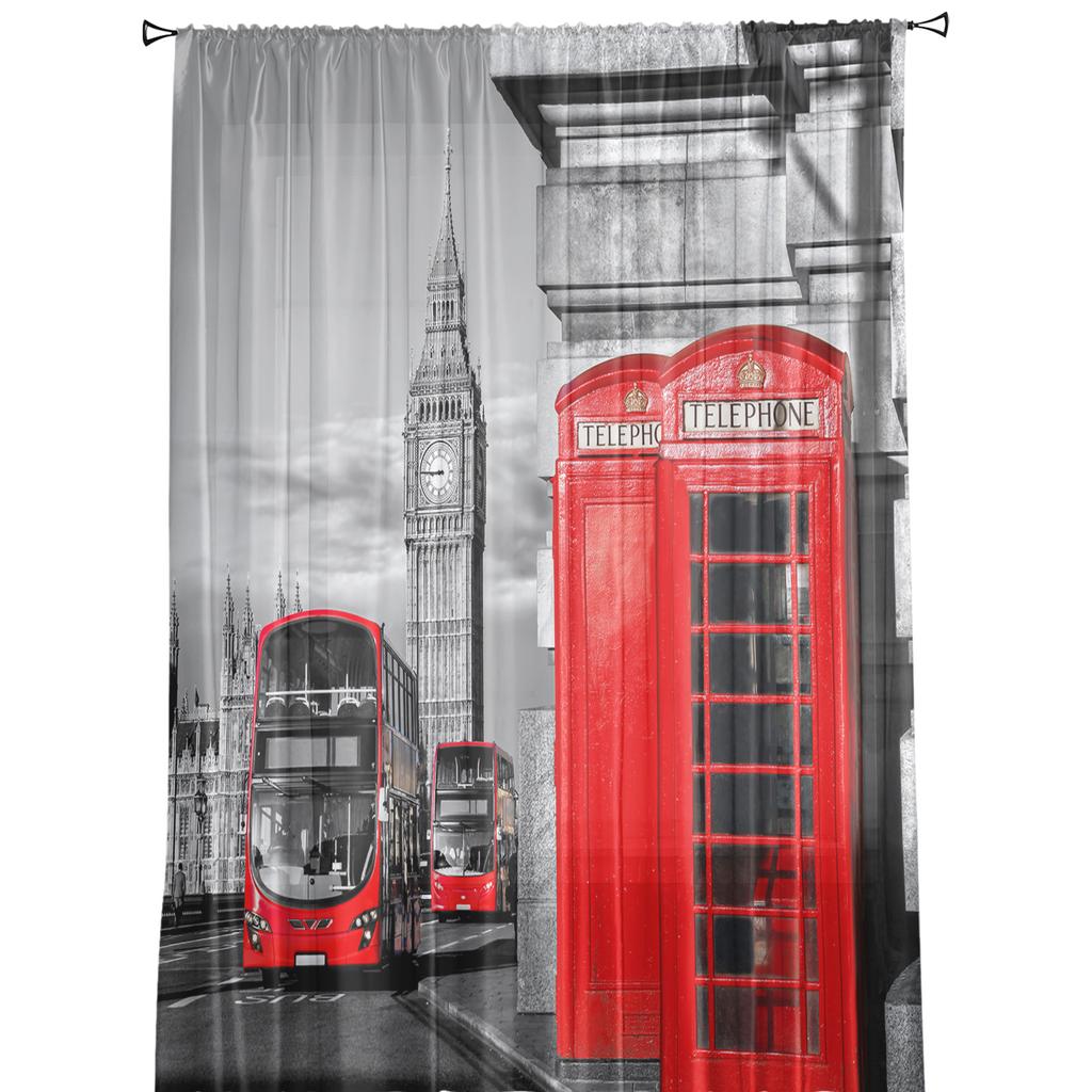 London Red Telephone Booth Bus Sheer Curtains for Living Room Decoration Window Curtains Kitchen Tulle Voile Organza Curtains