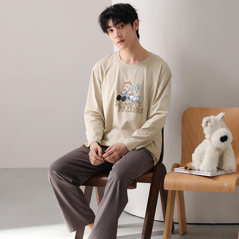 Тип Пижамный костюм из чистого хлопка на осень-зиму для мужчин с длинными рукавами из хлопка, комплект домашней одежды для мужчин, мягкая домашняя одежда для мужчин