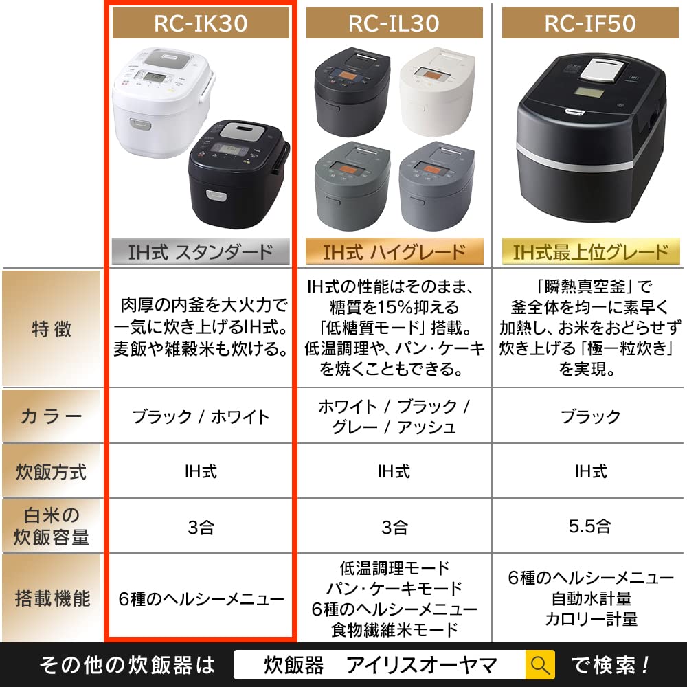 IRIS OHYAMA Rice Cooker 3 Cups IH Type 40 Different Types of Cooking Function Extra Thick Pot Brown Rice 2020 Model White RC-IK30-W