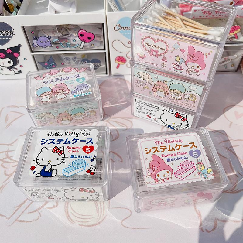 Kawaii Sanrio Hello Kitty Cinnamoroll Cotton Swab Jewelry Storage Box Melody Kuromi Cute Cosmetics Sundries Press Organizer Boxs
