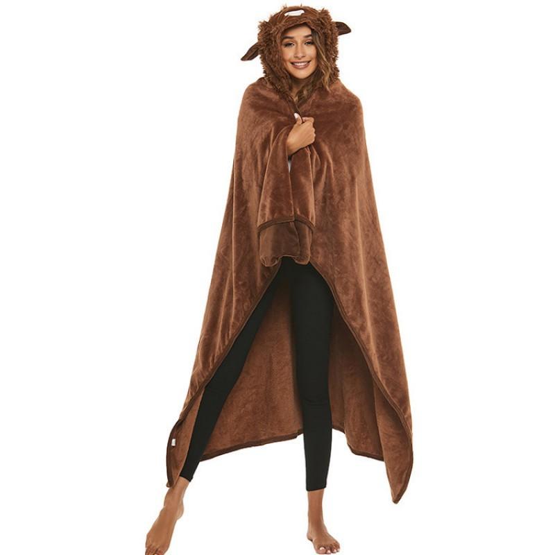 Cartoon Animal Hooded Blanket Flannel Wearable Women Winter Warm Throw