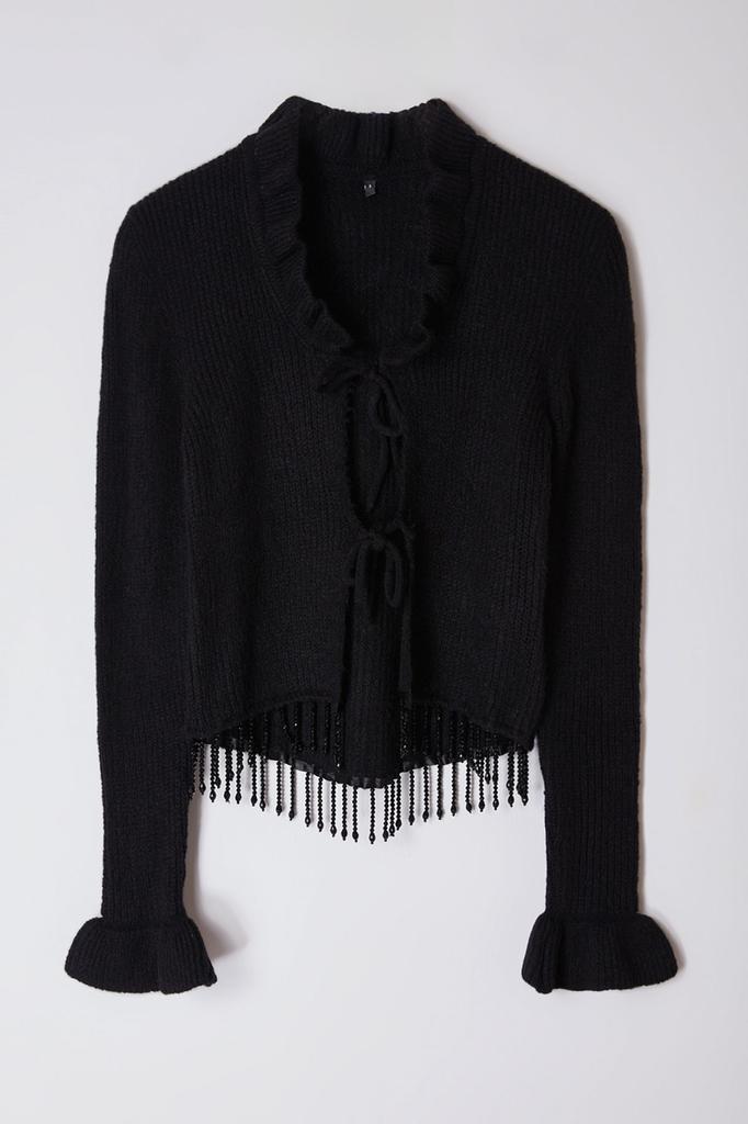 Женский модный стильный кардиган черного цвета, мягкий фактурный трикотажный кардиган с вышивкой камнями