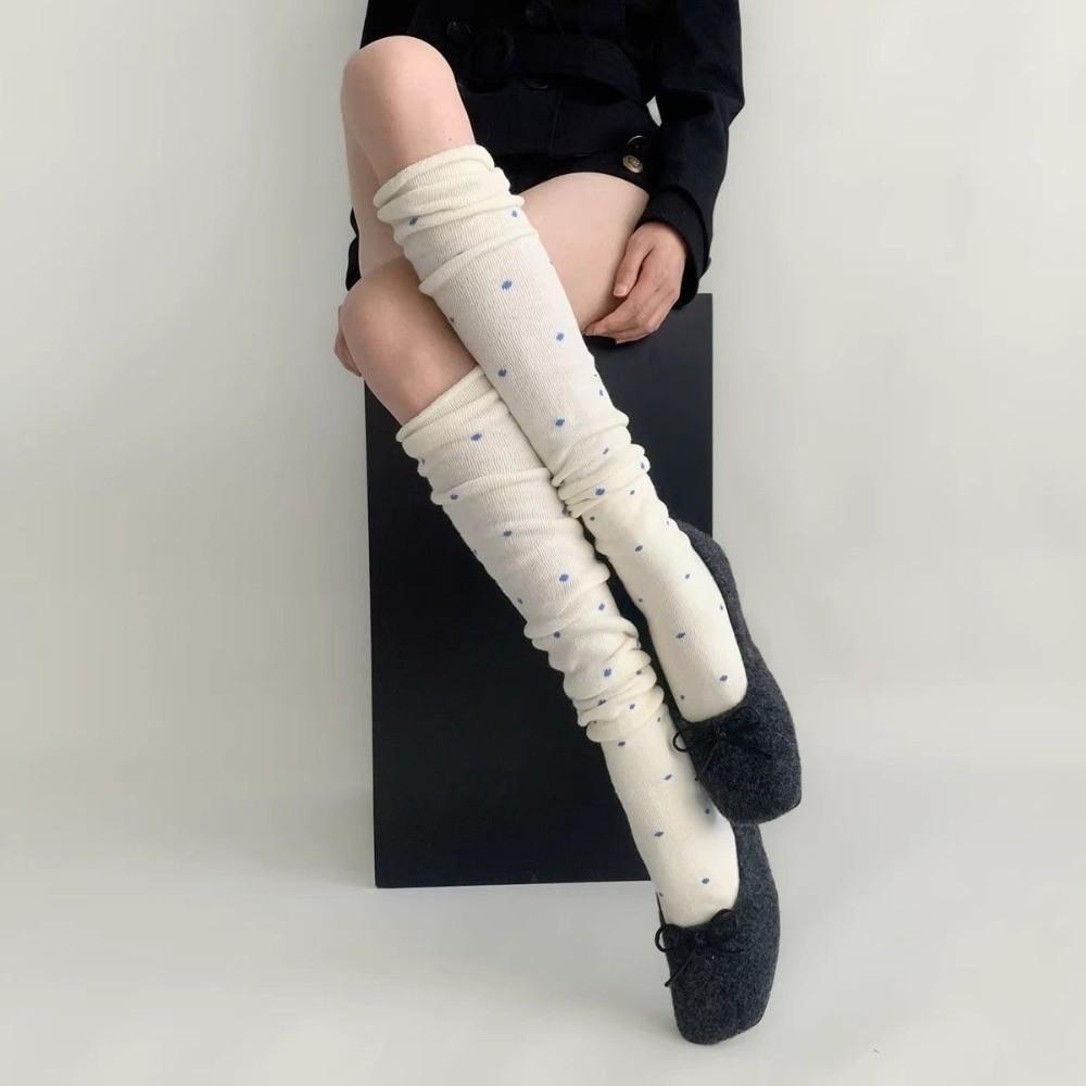1 Pair Rolled Edge Over Knee Socks Thickened Warm Winter Socks Sweet Polka Dot Socks for Women