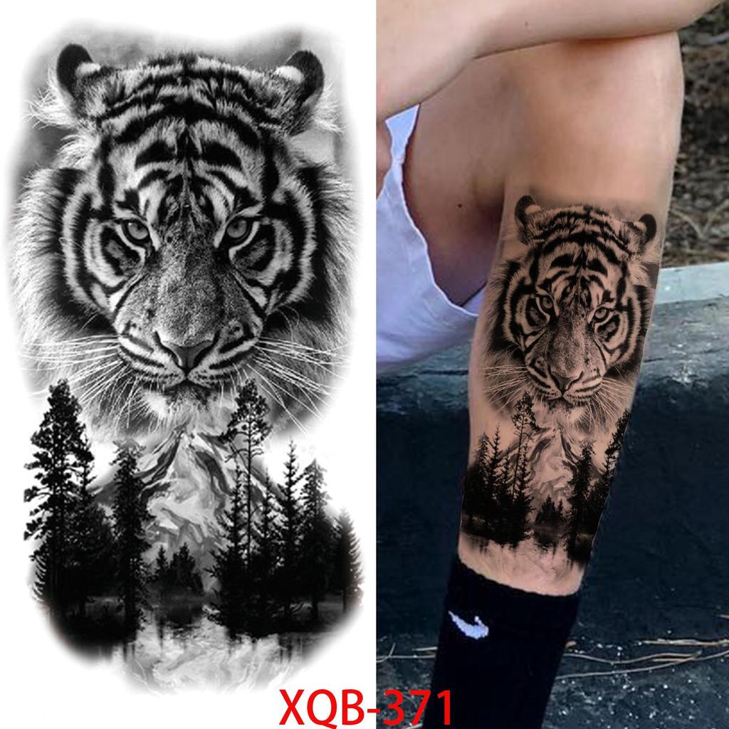 1 PC 210*114MM Cat Geometry Black Temporary Tattoos For Men Women Black Forest Skull Tiger Wolf Tattoo Sticker Evil Devil Arm Tattoo
