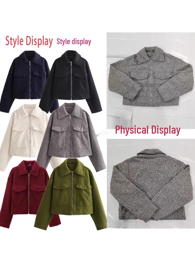 European & American Women's Short Lapel Zipper Woolen Coat - Versatile, Fashionable, and Trendy for Spring & Autumn.