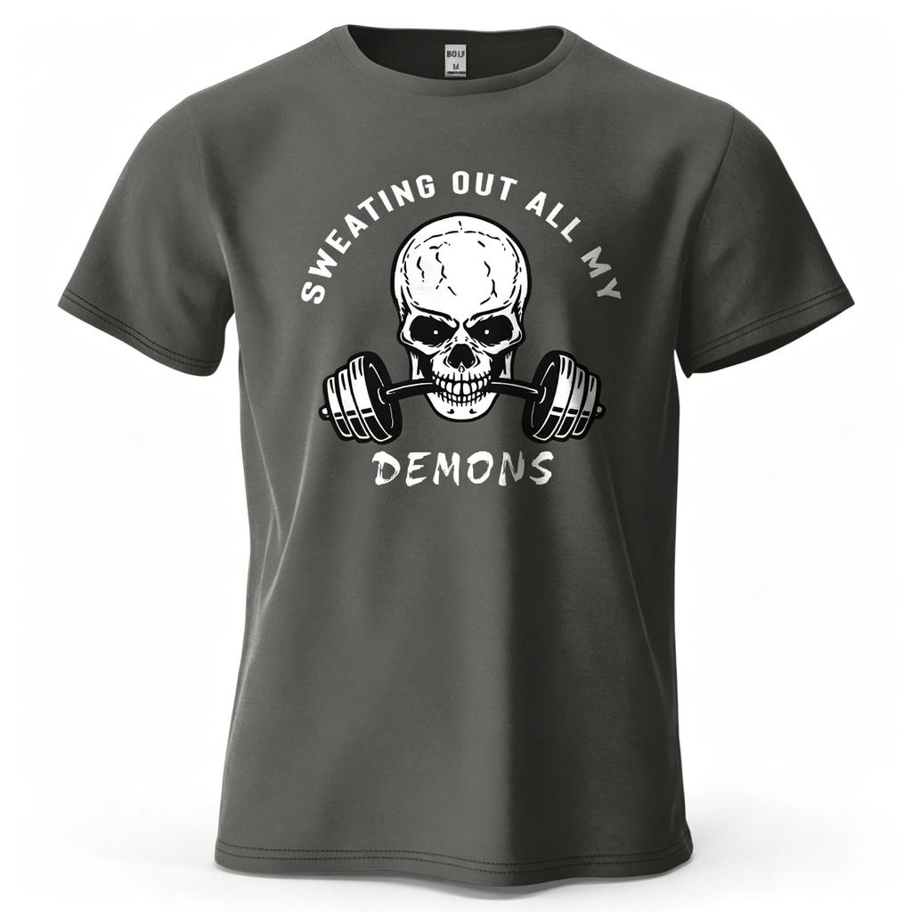 Funnygym Tshirt Sweating Out All My Demons Skull Barbell Graphicprint Unisex Unisex Workout Fitness Cotton T Shirt Casual Streetwear