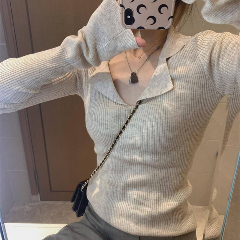 DAFIFY Женская мода повседневная осень-зима однотонный принт длинный рукав V-образный вырез свитера