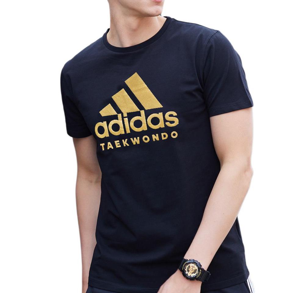 adidas Футболка с логотипом в стиле ретро, дышащая, спортивная, с круглым вырезом и коротким рукавом, для бега, мужская, черная, золотая, ADICTT-BG