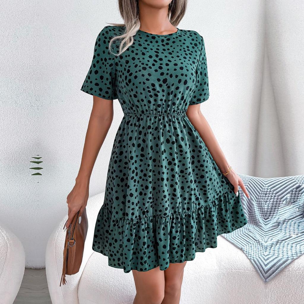 Spring Summer Women Casual O Neck Short Sleeve Polka Dot Waist Ruffle Dress S-XL