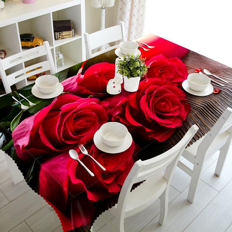 Red And Yellow Rose Flower Pattern Dustproof Washable Cloth Rectangular And Round Table Cloth