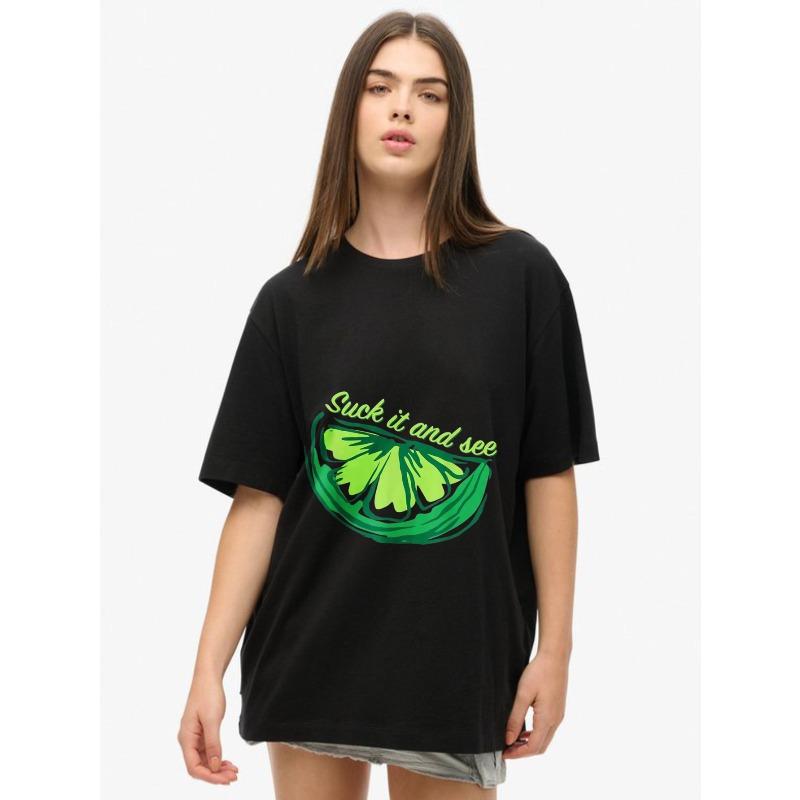 Oversized T Shirt Black Lime Slice With Suck It And See Text Casual Wear For Women Summer Street Style Fashion Top