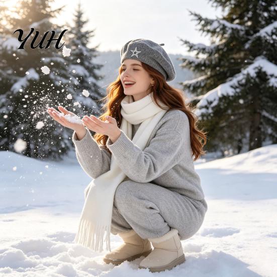 Artist Cap with Rhinestone Star Women Knitted Beret Hat for Fall Winter, French Style Knitting Star, Stretchy Solid Color Elastic