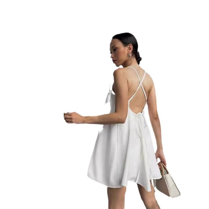 Womens Sleeveless Backless Beach Dress Loose Fit V-Neck Short A-Line Casual
