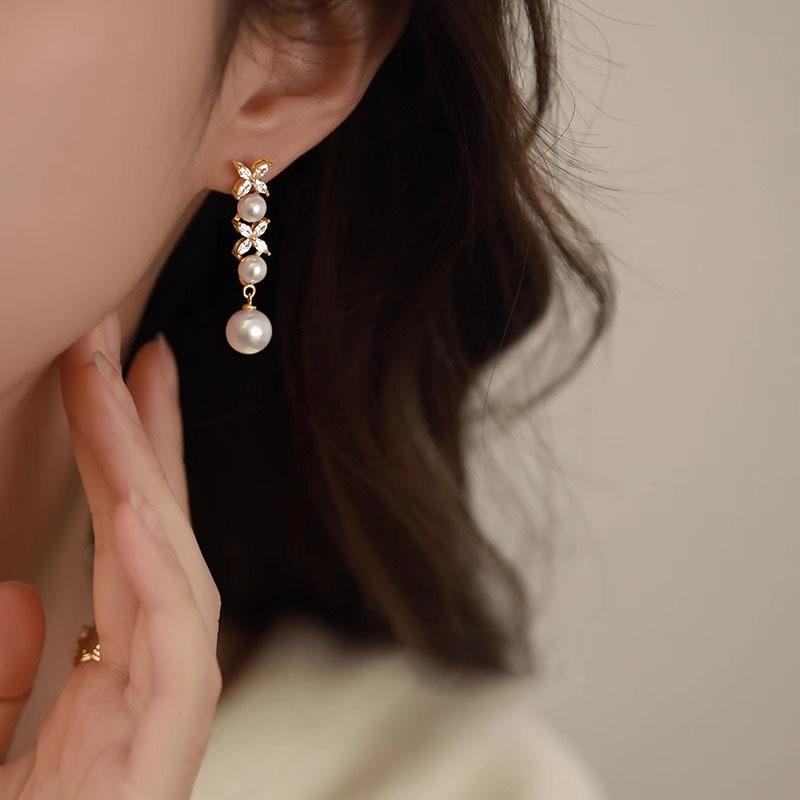 Elegant Long Drop Earrings With Natural Freshwater Pearl Clover Zircon Studs Women Sterling Hypoallergenic