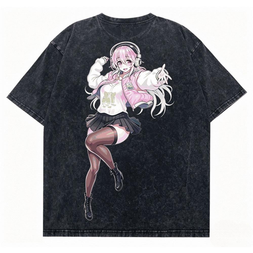 Super Sonico Anime T-shirt Vintage Washed Y2K Aesthetic Unisex Oversized Short Sleeve Summer Cotton Retro Streetwear Hot Sale