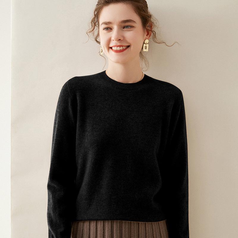 Women's Round Neck Breathable Cashmere Sweater - Solid Color, Long Sleeve Knit Pullover for Winter