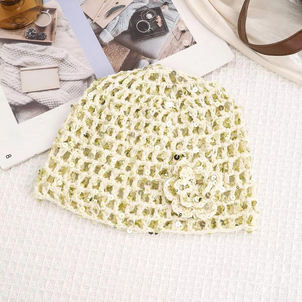 Thin Crochet Sequined Hat Flower Bohemian Style Beanies Cute Hollowed Out Knitted Hat Pullover Hat