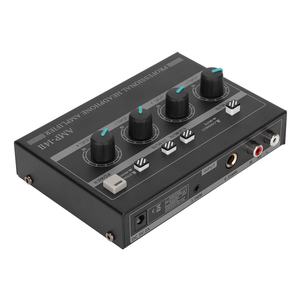 AMP‑14II 4 Channel Headphone Amplifier Compact 4 Way Stereo Headphone Amplifier with 12V 2A Adaptor for Studio Stage