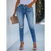 Women's Elastic High Waist Denim Slim Pants Breathable Vintage Print Casual Style for All Seasons with Hole Decoration