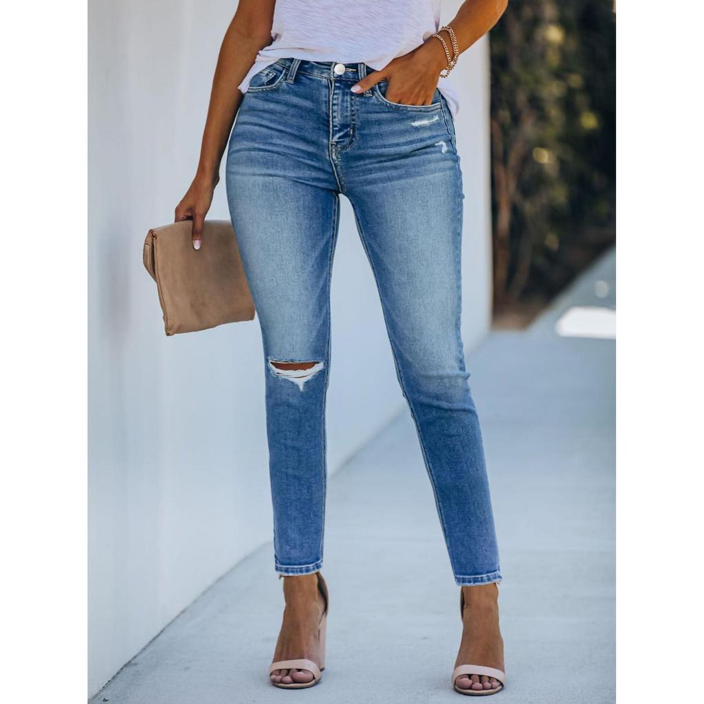 Women's Elastic High Waist Denim Slim Pants Breathable Vintage Print Casual Style for All Seasons with Hole Decoration