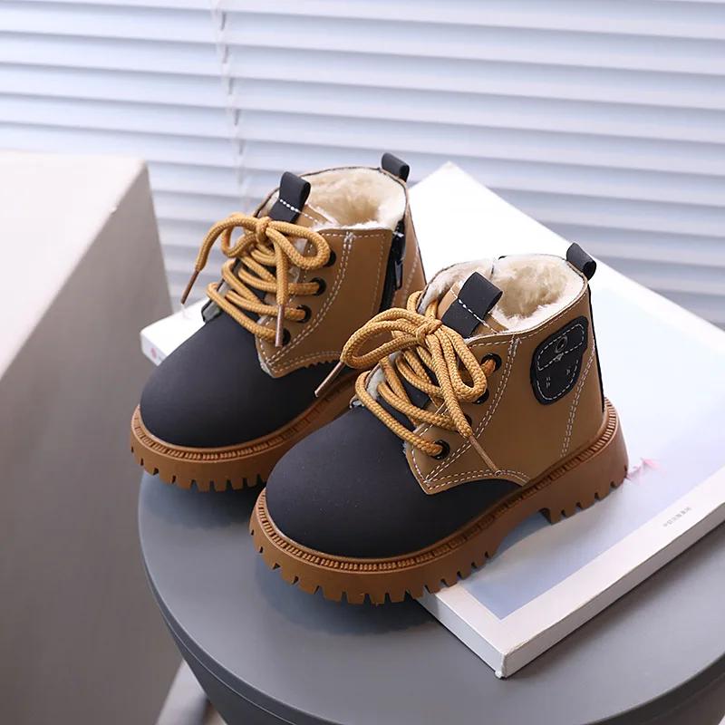 Children Boots Winter Thickened Boys Girls Anti Slip Warm Leather Boots Side Zipper Solid Color Kids Casual Shoes I01291