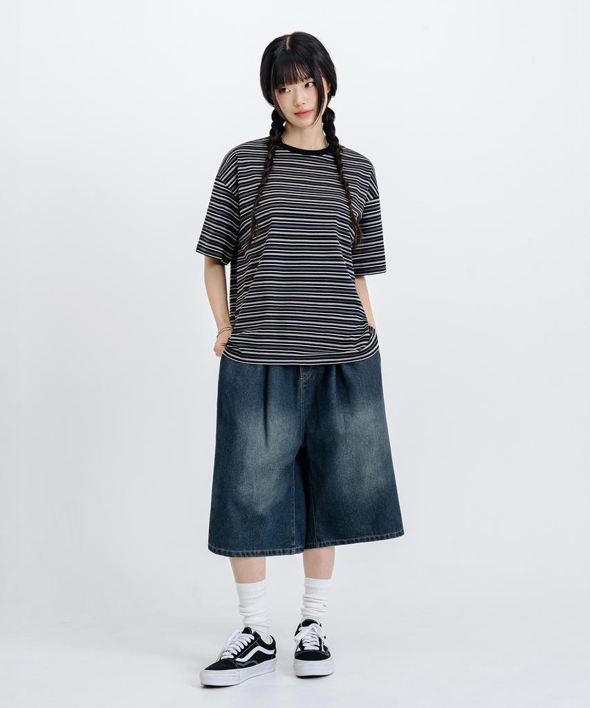 LEMAIN SECOND Fine Stripe Oversized Short Sleeve T-Shirt [Black]