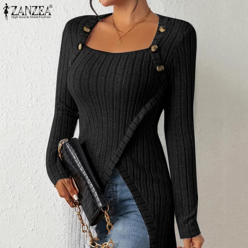 ZANZEA Женская повседневная тонкая блузка с квадратным воротником и длинным рукавом, нерегулярный подол