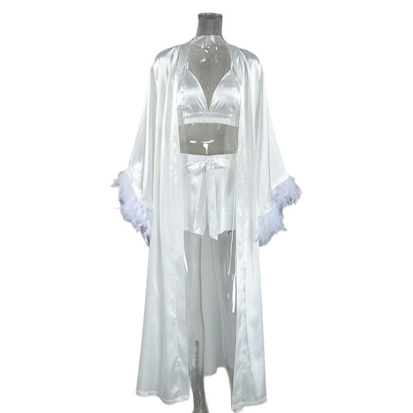 1011 Европейский и американский имитация шелка высококачественный халат-перья нижнее белье шорты пижама женская осенне-зимняя трехпредметная одежда для отдыха женская