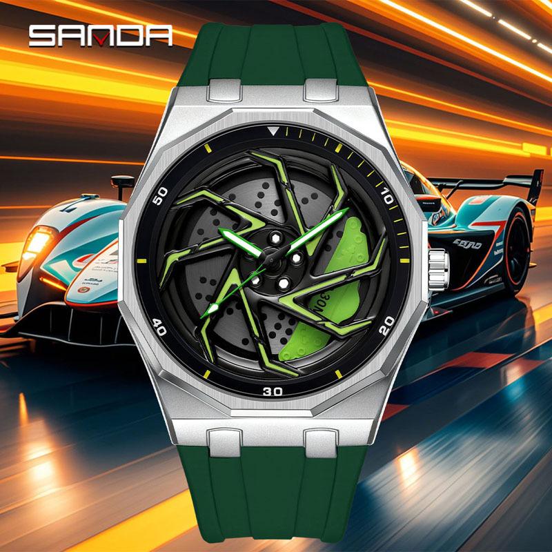 Sanda Brand Men's 360° Rotating Wheel Hubcap Design Quartz Watch Fashion Sports Silicone Waterproof For Daily Wear Hollow Watch