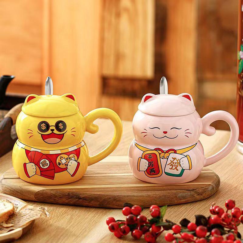 Керамическая кружка для кофе Lucky Cat с крышкой для кота, креативная, милая, мультяшная, милый, подарочная бутылка для завтрака, офисная посуда для питья, посуда для напитков