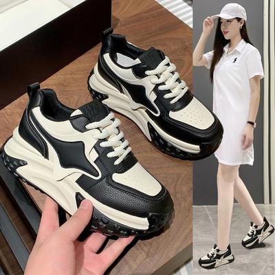 Популярные кожаные кроссовки на толстой подошве в стиле папа для женщин 2024 осень дышащие на толстой подошве с увеличением роста трендовые универсальные повседневные спортивные туфли