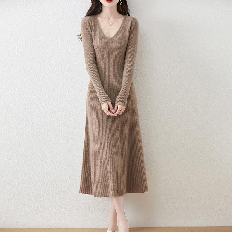 Женское платье-свитер 100% шерсть MODERN NEW SAGA V-образный вырез трикотажный длинный пуловер зимние джемперы шерстяное длинное платье женское